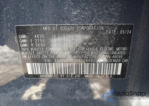 2024 Subaru Legacy Premium z USA, uszkodzony, nr VIN 4S3BWAD64R3028892